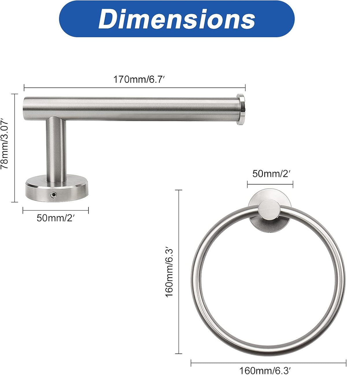 NearMoon 2 Pieces Bathroom Hardware Accessories, Towel Ring and Toilet Paper Holder- Stainless Steel Bath Towel Hanger and Hand Towel Holder, Wall Mounted (Brushed Nickel)