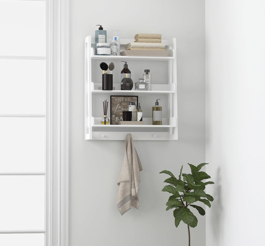 UTEX Bathroom Wall Shelf, 3-Tier Wall-Mounted Organizer with Hooks, White