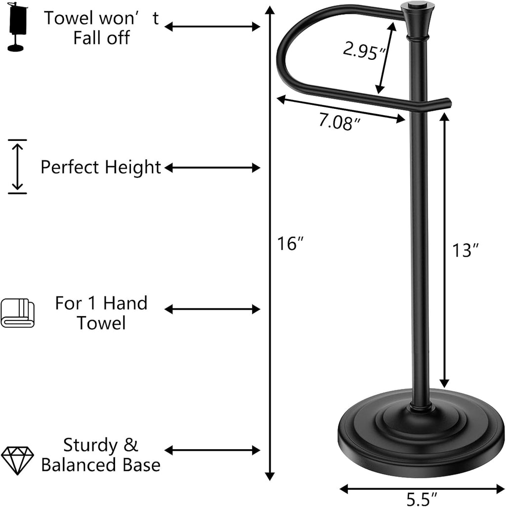 Bath Hand Towel Holder Stand,Stainless Steel 16 Inch Free Standing Towel Rack,Heavy Weight Towel Bar for Bathroom Vanity Countertop &Kitchen,Black