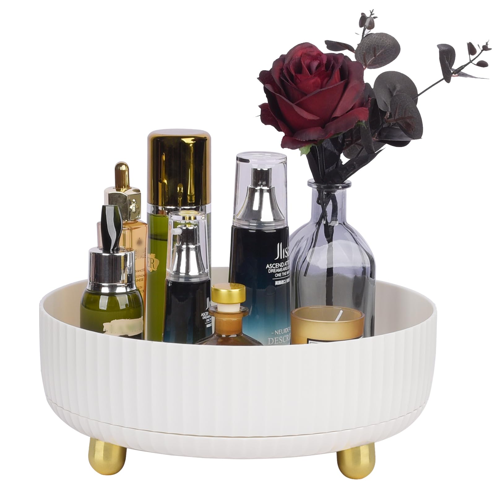 360 Rotating Makeup Perfume Organizer Skincare Tray, Small Ivory White