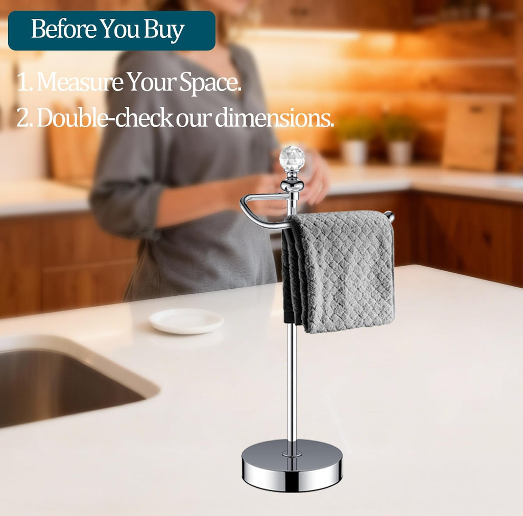 ROLABAM Heavy Weighted Hand Towel Holder (with Crystal Ball) Standing Hand Towel Holder Total Height 16.54'' for Kitchen, Bathroom, Vanity, Classic Decorative Metal Hand Towel Stand, Polished Chrome