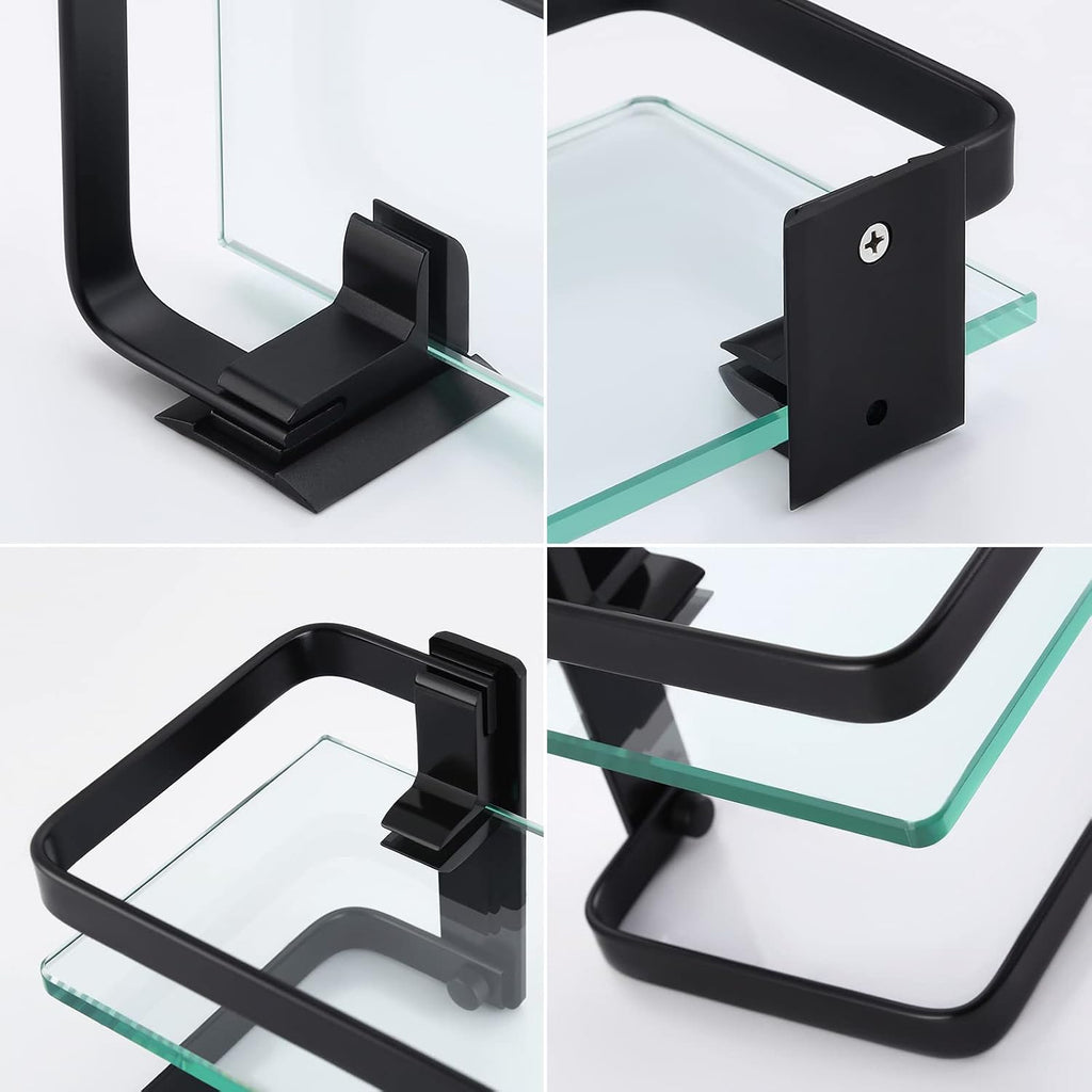 KES Glass Bathroom Shelf, Tempered Glass Floating Bathroom Shelf with Bar Rectangular Wall Mounted Rustproof Aluminum Black, A4126A-BK+A4127A-BK