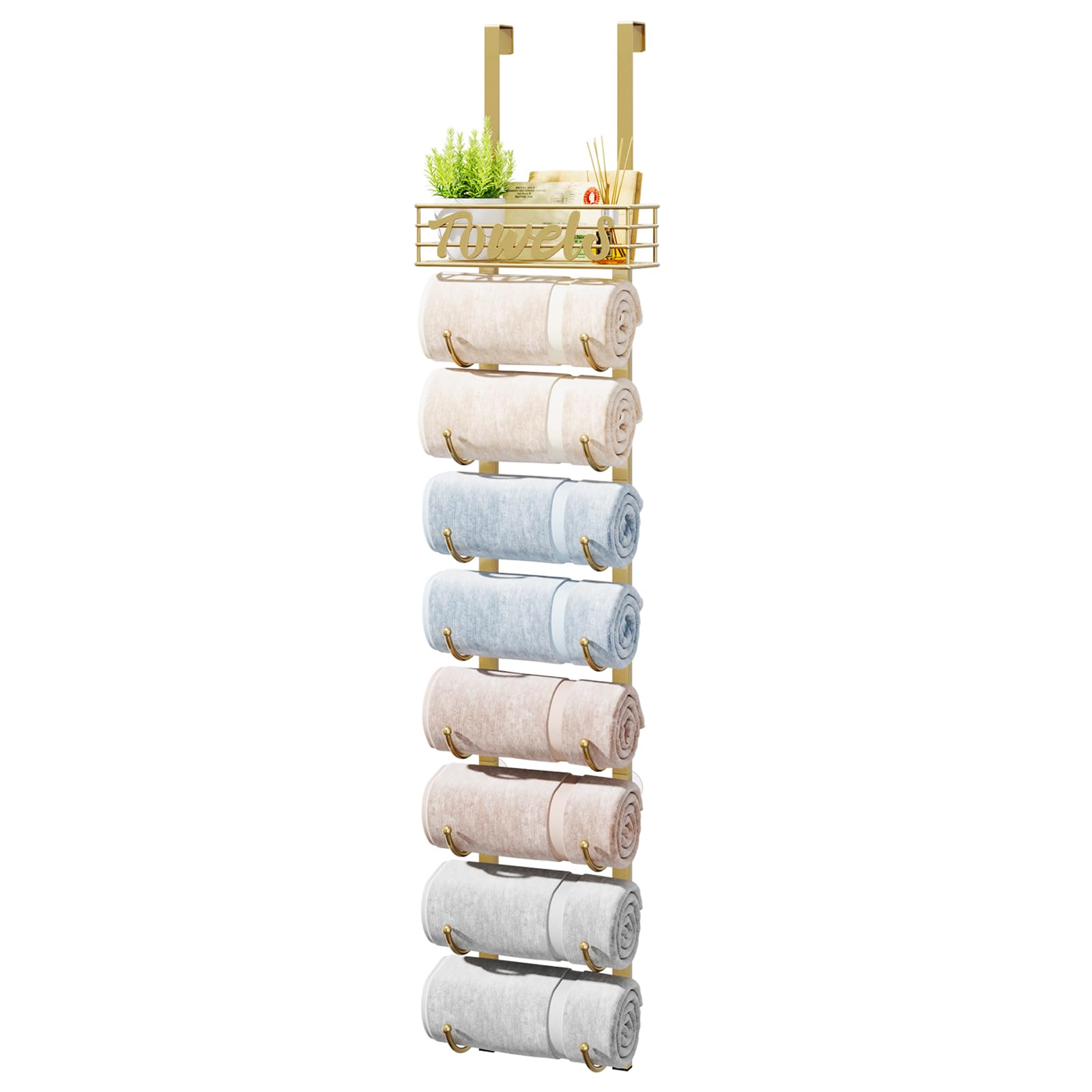 HapiRm Towel Racks for Bathroom Storage - 6 Tier Over The Door & Wall Mount Rolled Towel Storage Organizer Holder with Metal Shelf Basket for Small Bathroom, Camper, Rv - Black, Patented