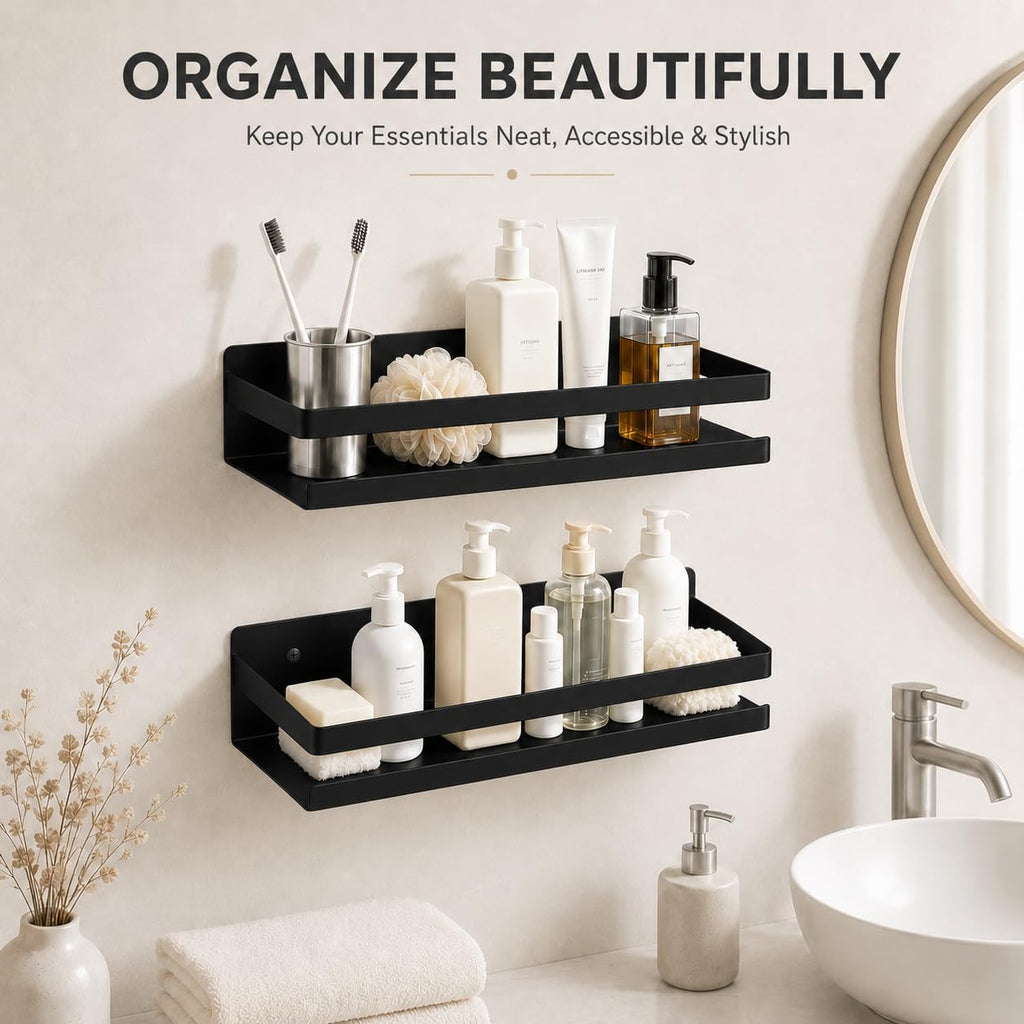 Shower Floating Shelves, Wall-Mounted Caddy, 15.75 in, 2 Pack Black