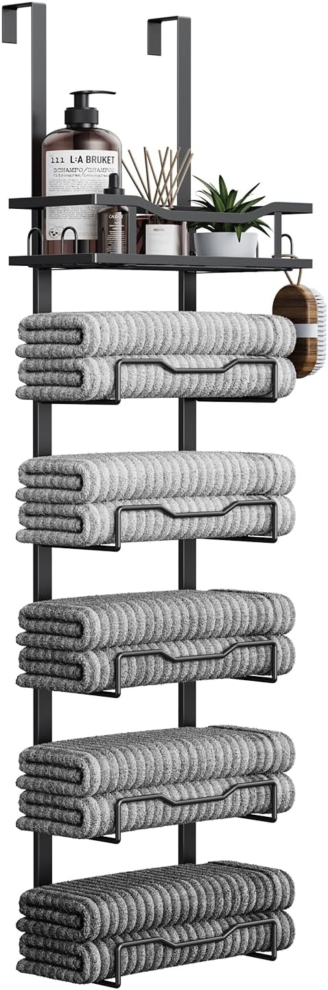 Aetyord Hanging Towel Racks for Bathroom No Drill - 6-Tier Over The Door Bath Towel Storage Organizer for Small Bathrooms - Tiered Back of Door Towel Holder Hanger for Rolled Towels RV Camper Black