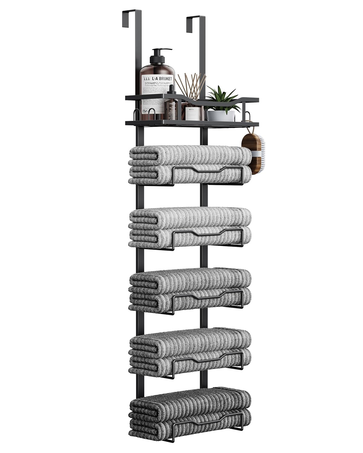 Aetyord Hanging Towel Racks for Bathroom No Drill - 6-Tier Over The Door Bath Towel Storage Organizer for Small Bathrooms - Tiered Back of Door Towel Holder Hanger for Rolled Towels RV Camper Black