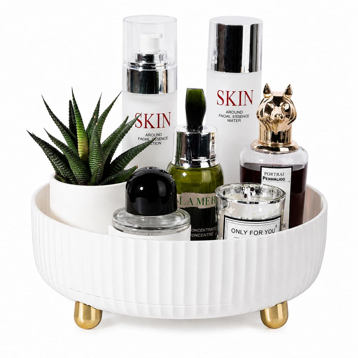 360 Rotating Makeup Perfume Organizer Skincare Tray, Small Ivory White