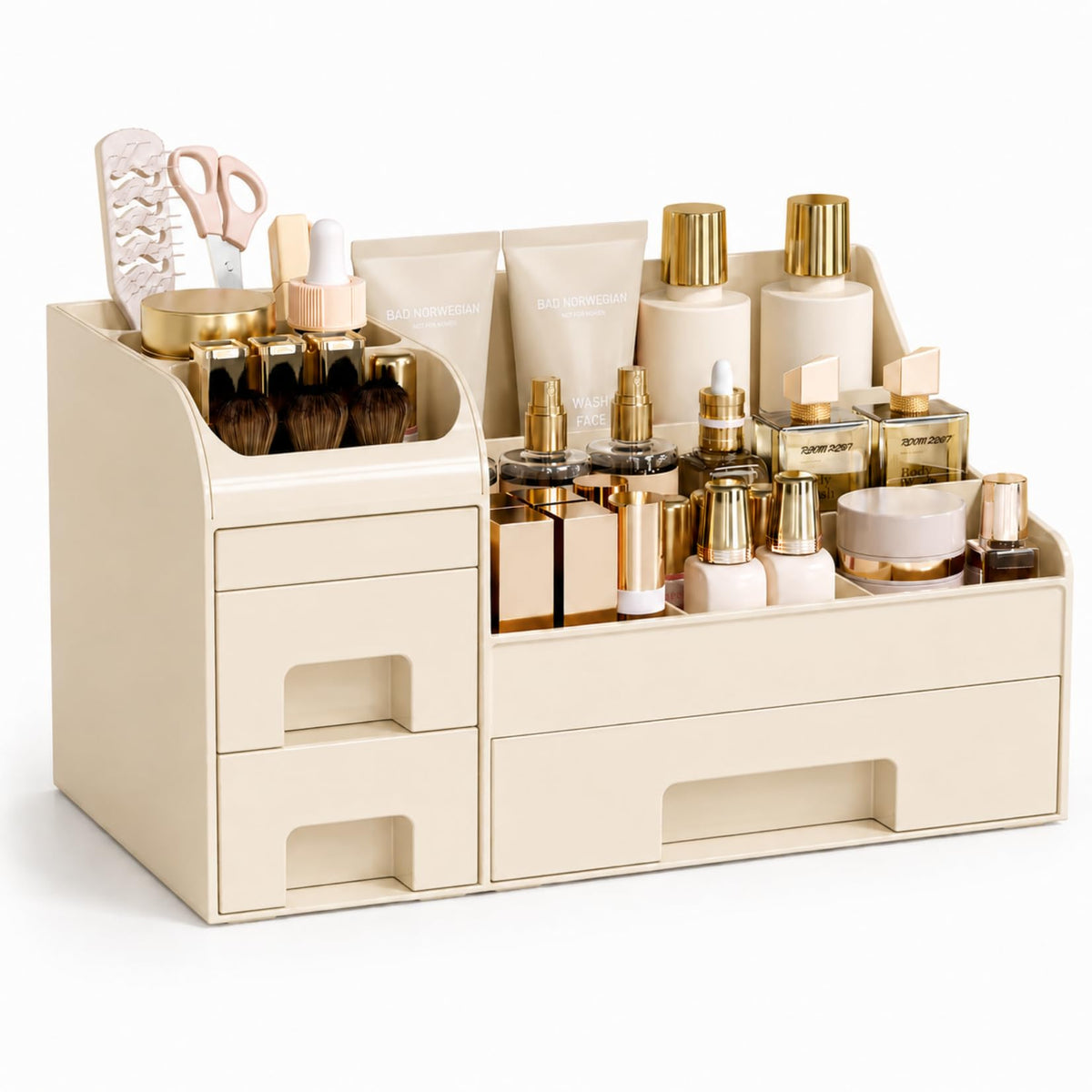 Extra Large Makeup Organizer for Vanity,Countertop Organizer with Drawers and Brush Holder,Men’s Cologne Organizer for Bathroom,Cosmetic Skin Storage for Lipsticks,Nail Polish & Shaving Lotion,Black