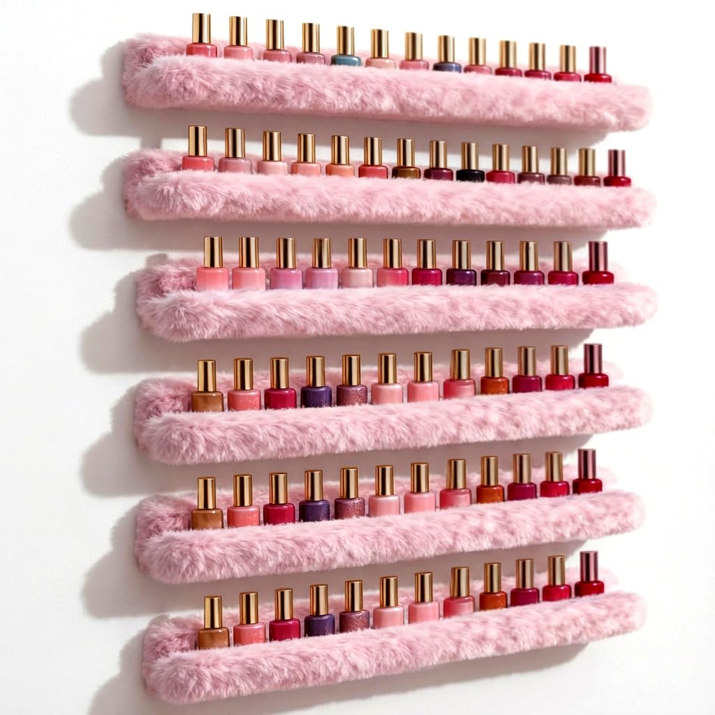 YMVV Wall-Mounted Nail Polish Organizer Rack - 15-Inch Gold Mirror Finish Nail Polish Shelf, Makeup & Beauty Essentials Storage - Multi-Purpose Display Holder for Small Space, Vanity Bathroom, 6 Pack