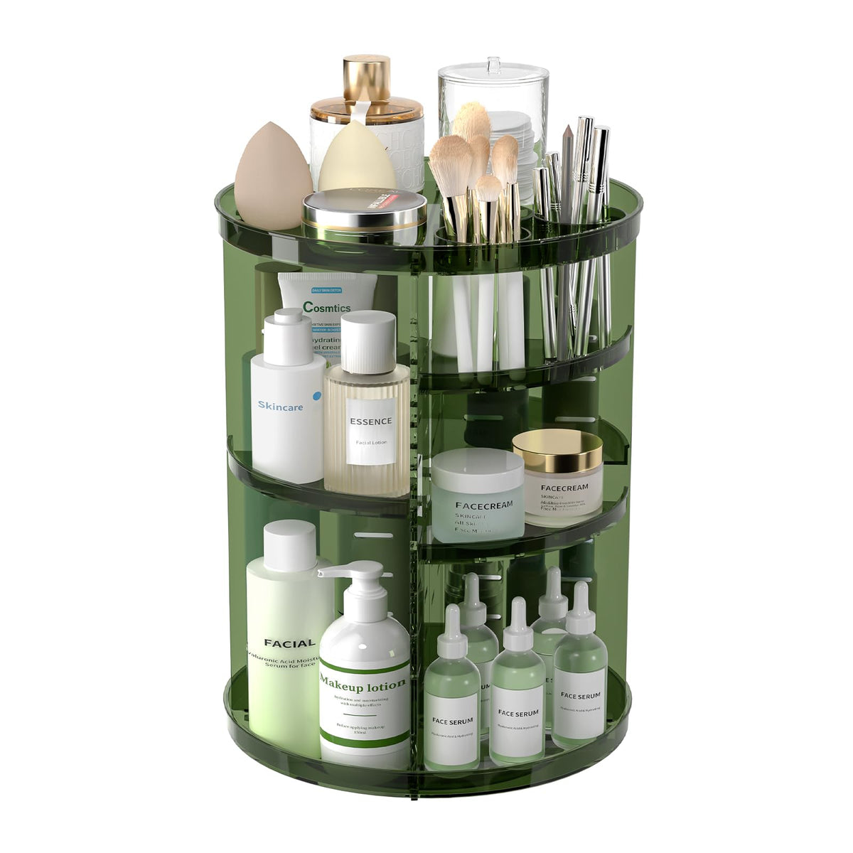 Rotating Makeup Organizer, DIY 8 Adjustable Layers Spinning Skincare Storage, Cosmetic Display Case with Brush Holder and Perfume Tray, Multi-Function Vanity Bathroom Countertop Organizer Clear