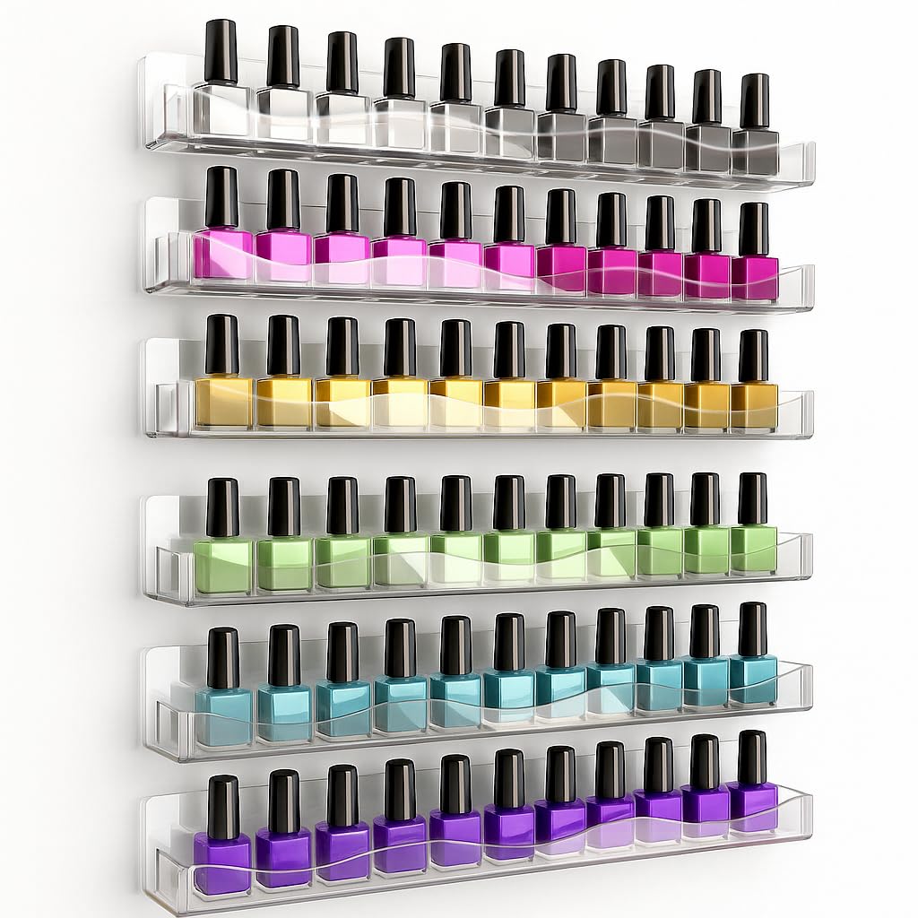 YMVV Wall-Mounted Nail Polish Organizer Rack - 15-Inch Gold Mirror Finish Nail Polish Shelf, Makeup & Beauty Essentials Storage - Multi-Purpose Display Holder for Small Space, Vanity Bathroom, 6 Pack
