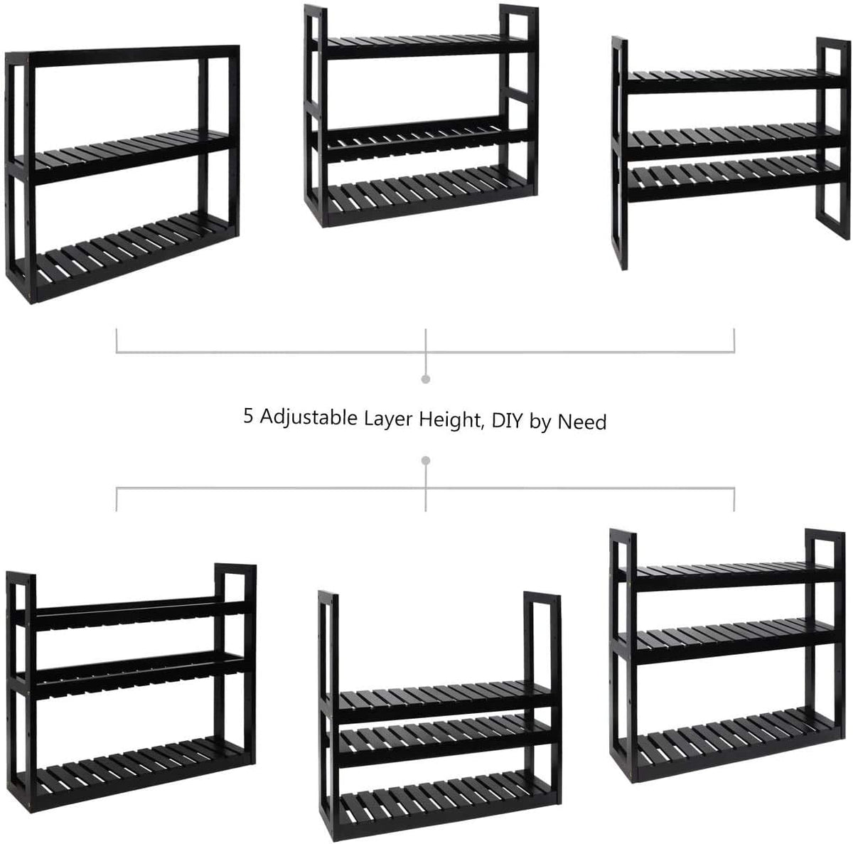 Domax Bamboo Bathroom Shelf 3-Tier Wall Mount Storage Rack Multifunctional Adjustable Layer Free Standing Over Toilet Utility Shelves Living Room Kitchen (Black)