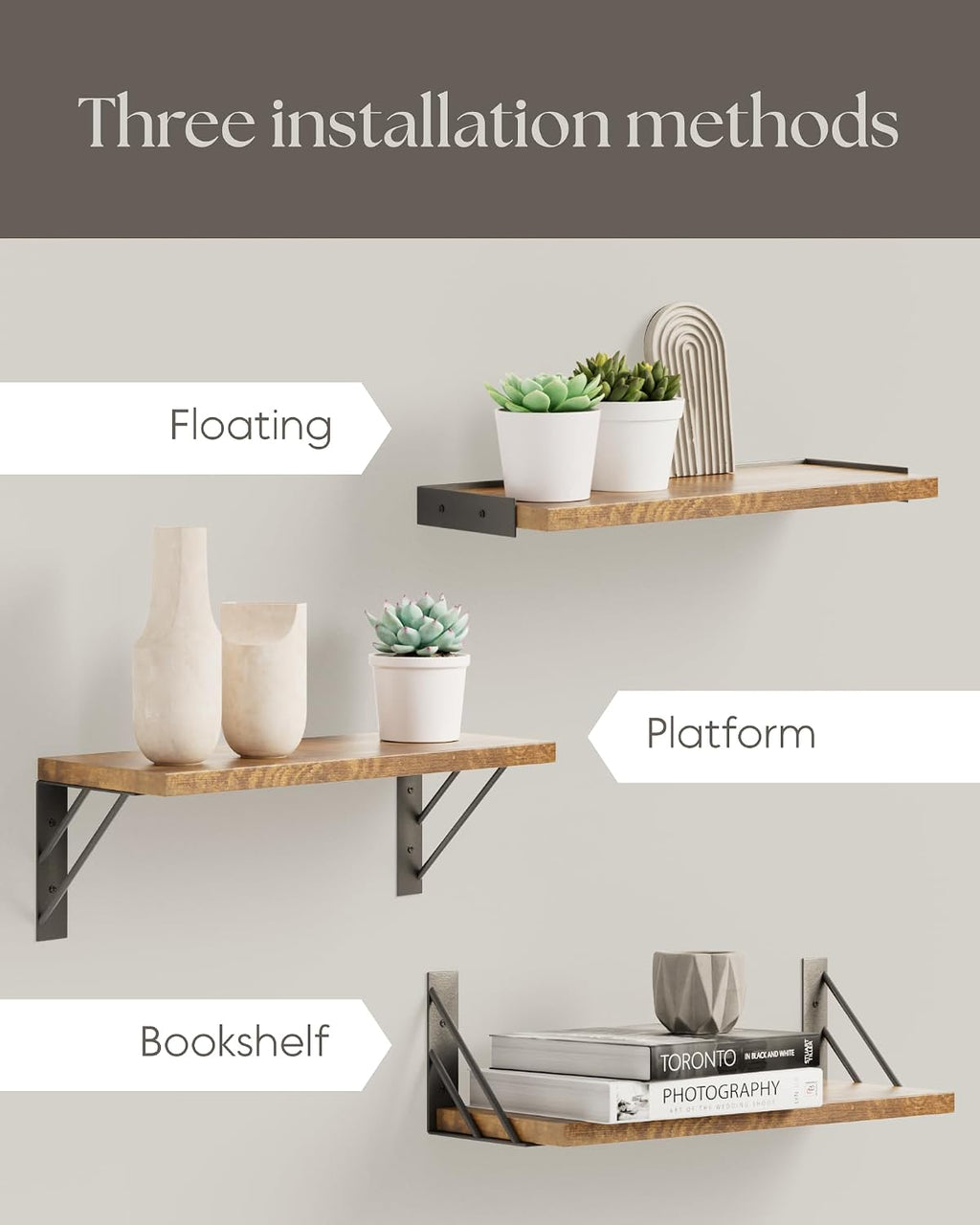 Bayka Wall Shelves for Bedroom Decor, Floating Wall Shelves for Living Room Kitchen Storage, Wall Mounted Rustic Wood Shelves for Kids Books, Small Shelf for Bathroom(Rustic Brown，Set of 3)