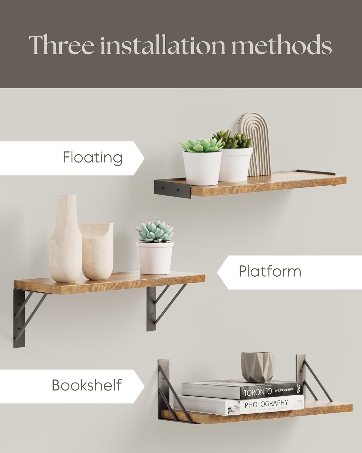 Bayka Wall Shelves for Bedroom Decor, Floating Wall Shelves for Living Room Kitchen Storage, Wall Mounted Rustic Wood Shelves for Kids Books, Small Shelf for Bathroom(Rustic Brown，Set of 3)