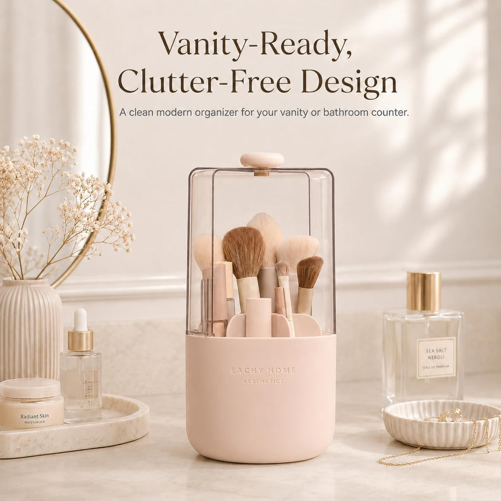 EACHY Makeup Brush Holder with Lid, 360° Rotating Vanity Organizer for Brushes, Dustproof Cosmetic Display Case, 7 Compartments, Waterproof Plastic (Pink)