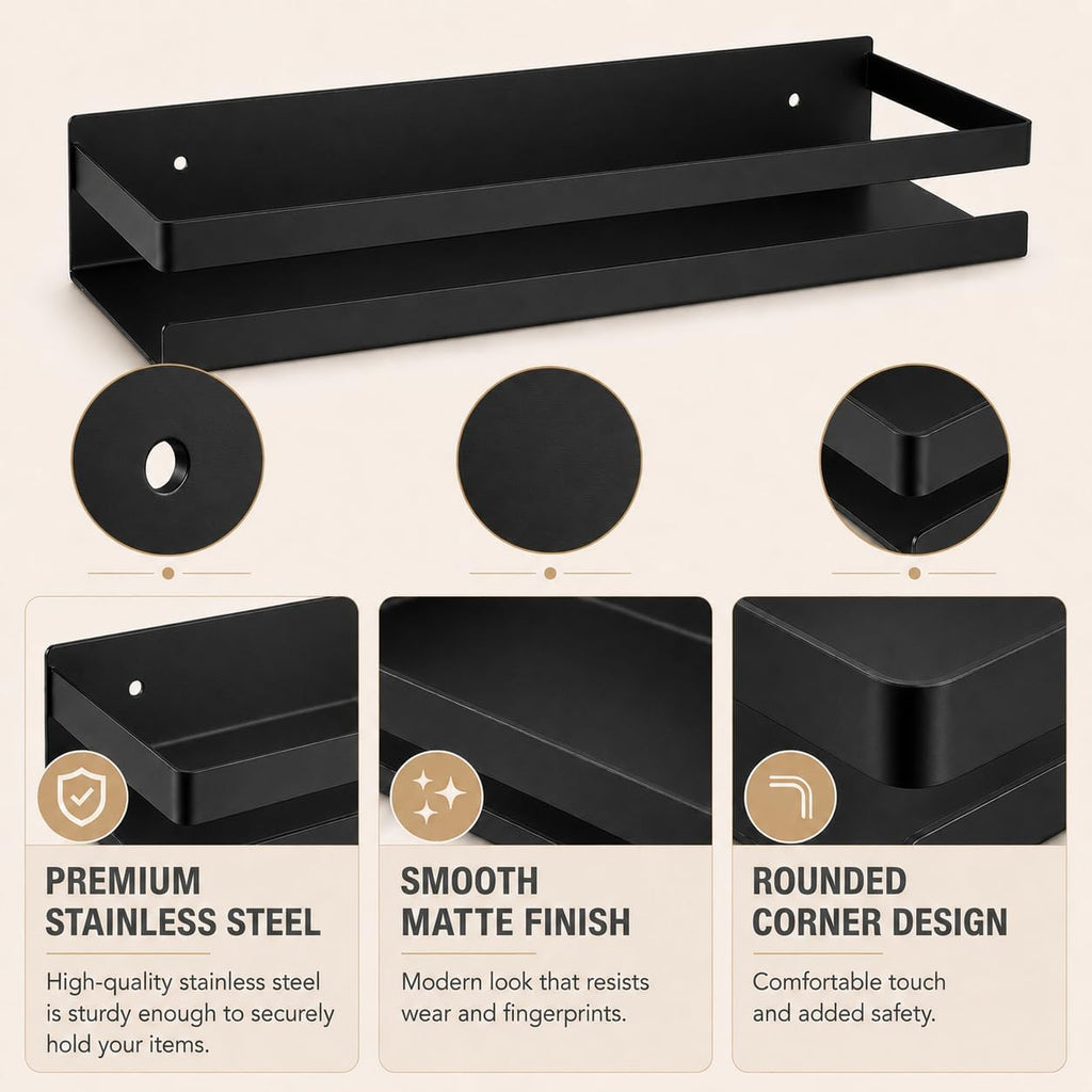 Shower Floating Shelves, Wall-Mounted Caddy, 15.75 in, 2 Pack Black