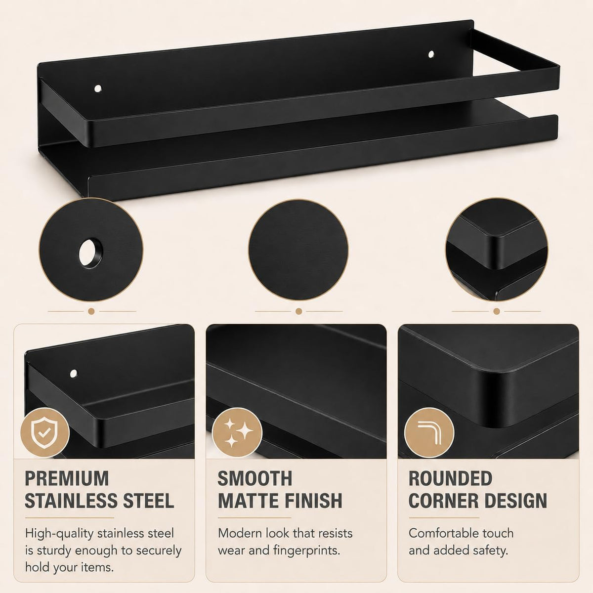 Shower Floating Shelves, Wall-Mounted Caddy, 15.75 in, 2 Pack Black