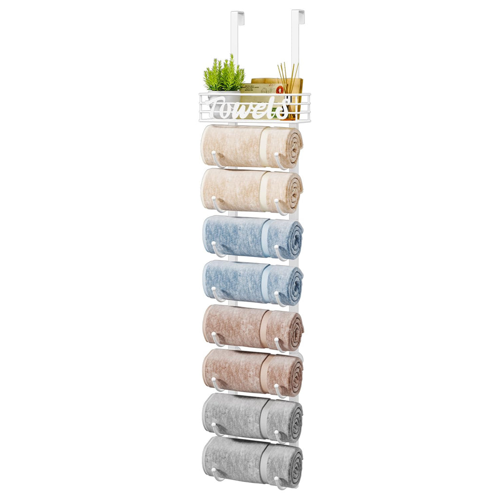 HapiRm Towel Racks for Bathroom Storage - 6 Tier Over The Door & Wall Mount Rolled Towel Storage Organizer Holder with Metal Shelf Basket for Small Bathroom, Camper, Rv - Black, Patented