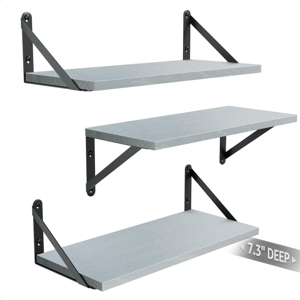 COCOYA Wall Shelves 7.3" Deep Solid Paulownia Wood (Black, Set of 2)