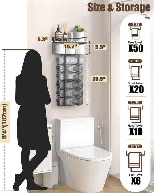 Aetyord Towel Racks for Bathroom 31inch Wall Mounted Towel Rack,Floating Shelf with Wood Plank,Towel Storage for Bathroom can Holds 6 Large Rolled Towels,All Black