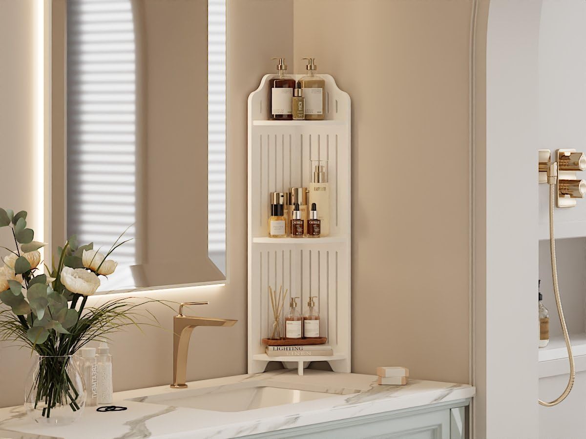 VECELO 3-Tier Bathroom Shelves for Narrow Space, Modern Corner Shelf Stand,Small Storage Organizer for Bathroom,Toilet Paper Stand,White