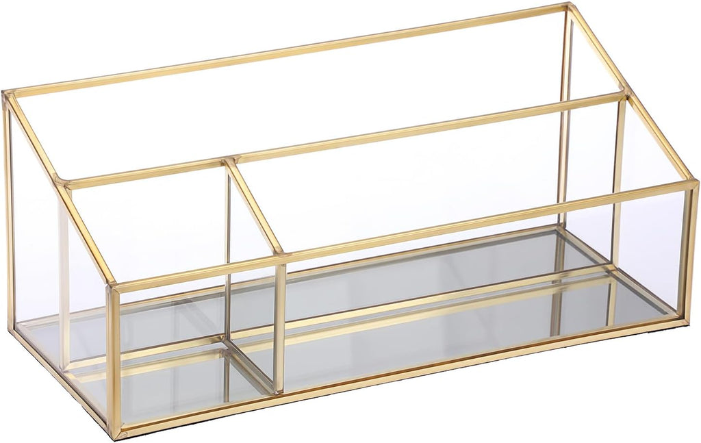 Hipiwe Vintage Gold Makeup Organizer, Mirrored Glass 3 Slots Vanity Holder