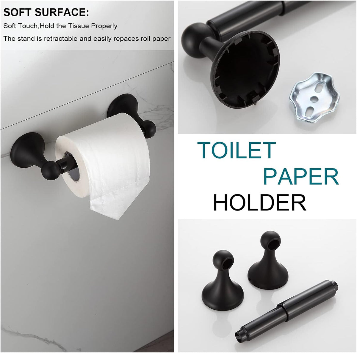 BGL Bathroom Accessory Set, Matte Black Adjustable Expandable Towel Bar 4-Piece Bathroom Hardware Set Wall Mounted Robe Hook Toilet Paper Holder Towel Ring Towel Bar