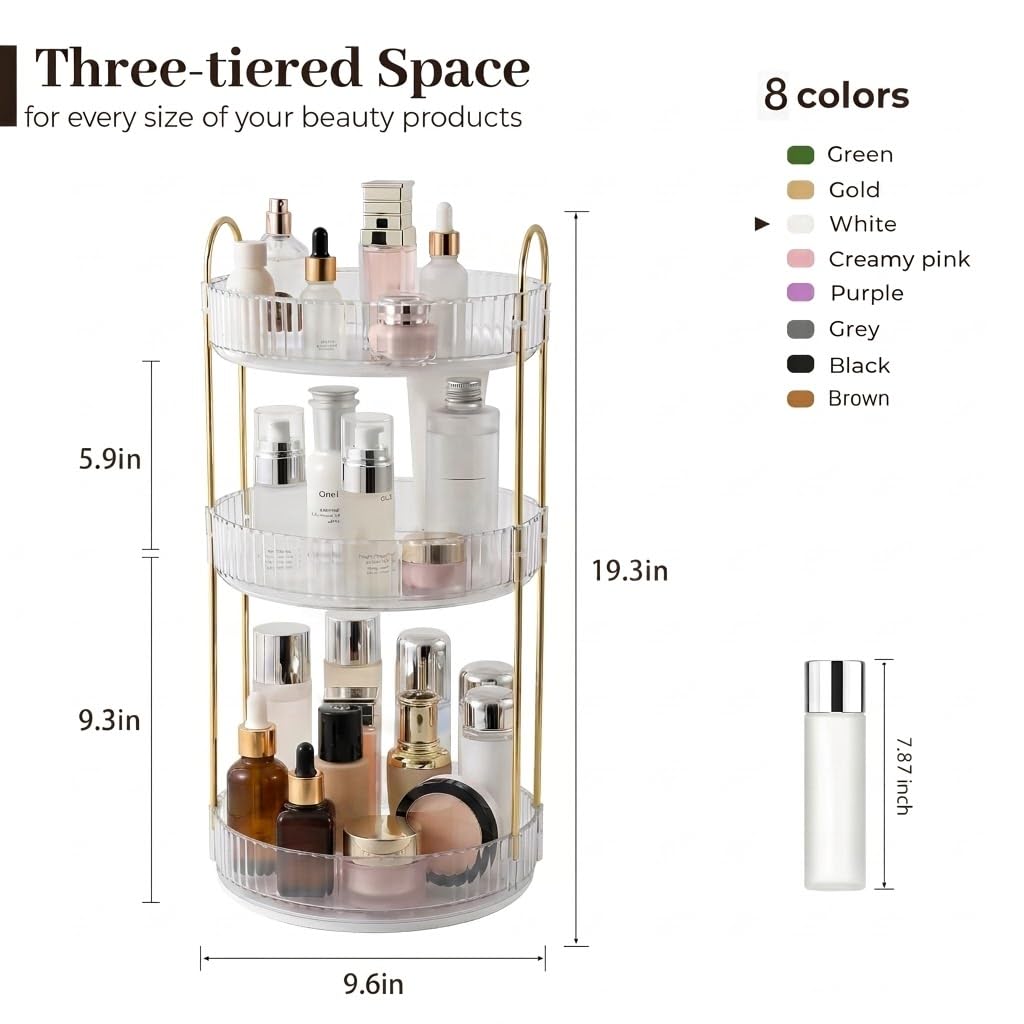 Aveniee 3-Tier 360° Rotating Makeup Organizer, Clear Spinning Perfume Cosmetic Storage for Vanity Countertop, Sturdy Metal Pole Skincare Holder Stand for Bathroom Dresser, White
