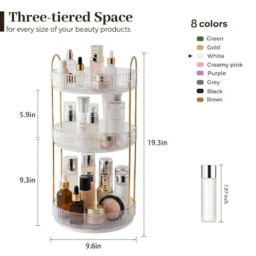 Aveniee 3-Tier 360° Rotating Makeup Organizer, Clear Spinning Perfume Cosmetic Storage for Vanity Countertop, Sturdy Metal Pole Skincare Holder Stand for Bathroom Dresser, White