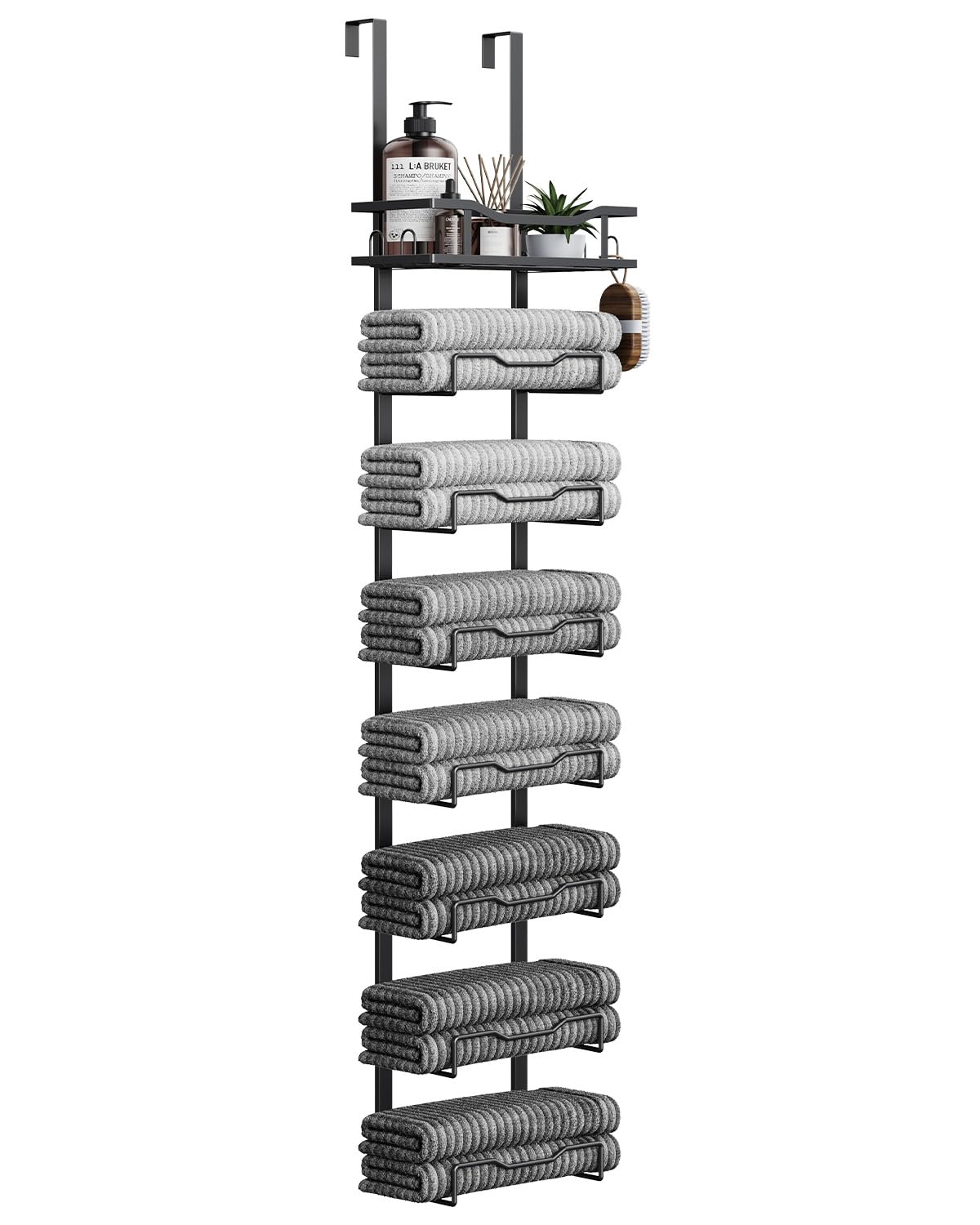 Aetyord Hanging Towel Racks for Bathroom No Drill - 6-Tier Over The Door Bath Towel Storage Organizer for Small Bathrooms - Tiered Back of Door Towel Holder Hanger for Rolled Towels RV Camper Black