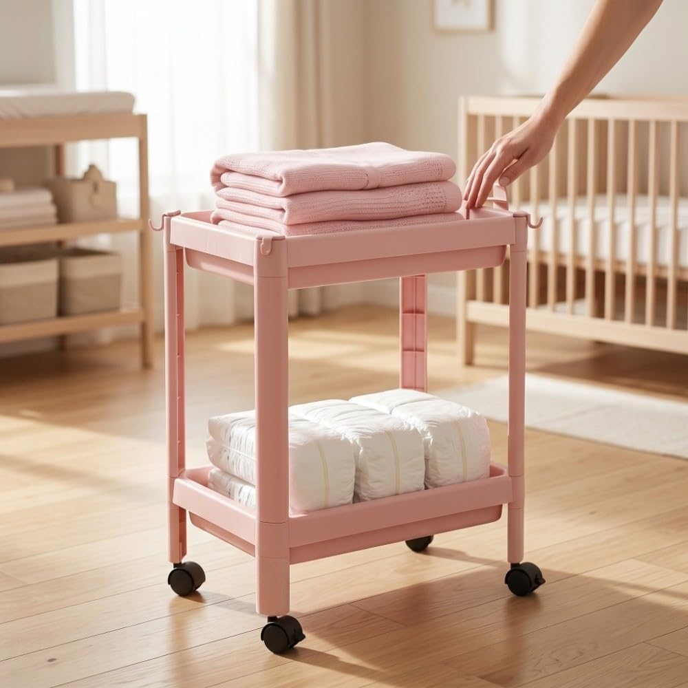Bathroom Floor Storage Shelf, 2-Tier Pink Plastic Freestanding Shelf Unit with Wheels, Narrow Corner Rack for Bathroom Kitchen
