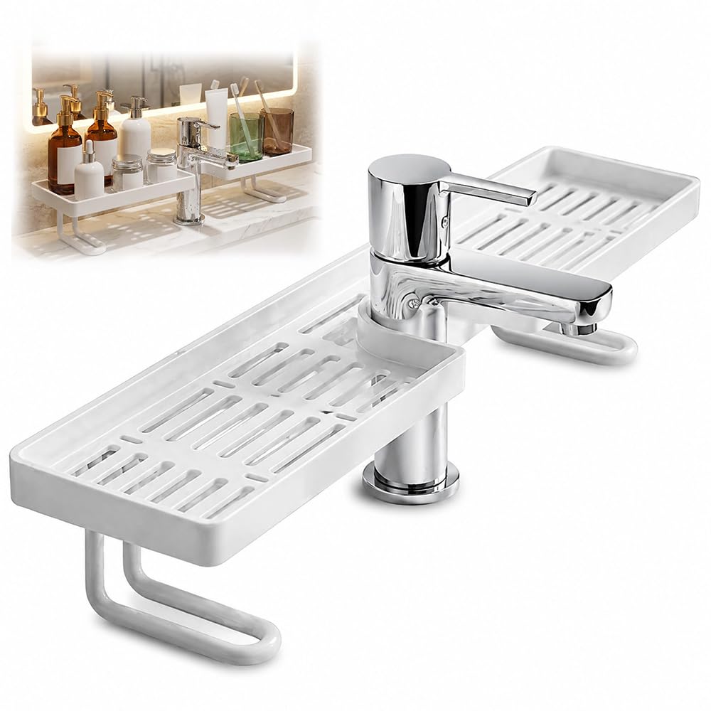 Bathroom Sink Shelf Over Faucet-Faucet Storage Shelf,No-Drill Kitchen Sink Sponge Holder & Drain Rack,Kitchen Bathroom Countertop Organizer Above Sink Drain Rack (BLACK)
