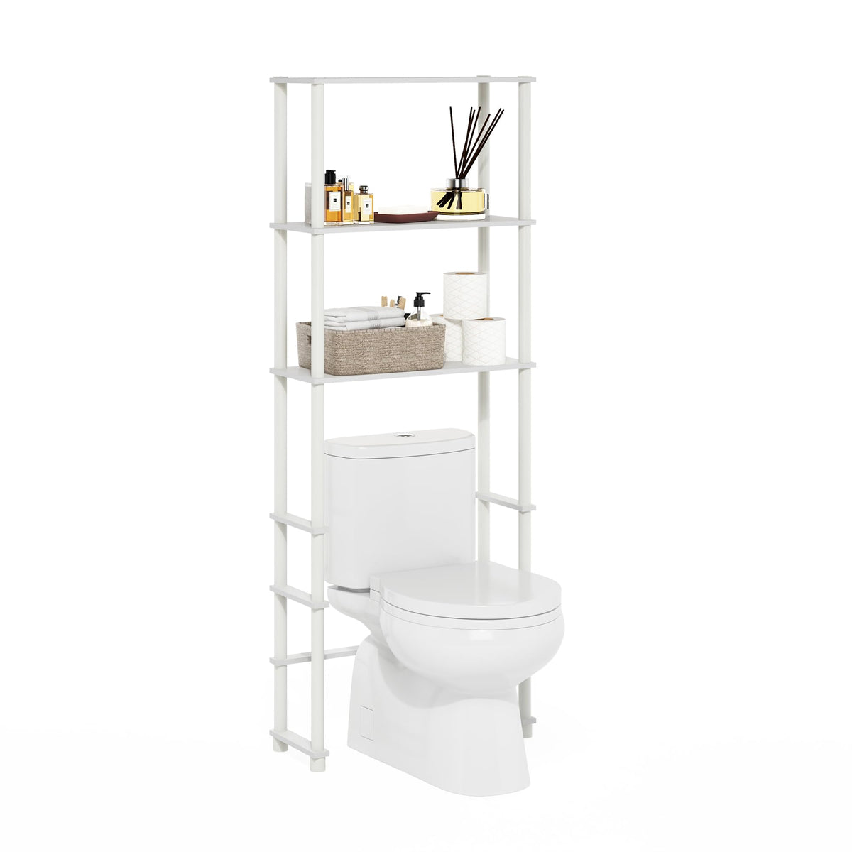 Furinno Turn-N-Tube Over The Toilet Storage, 3-Shelf Over The Toilet Organizer, Freestanding Space Saver Bathroom Shelf, for Bathroom Organizers and Storage, White
