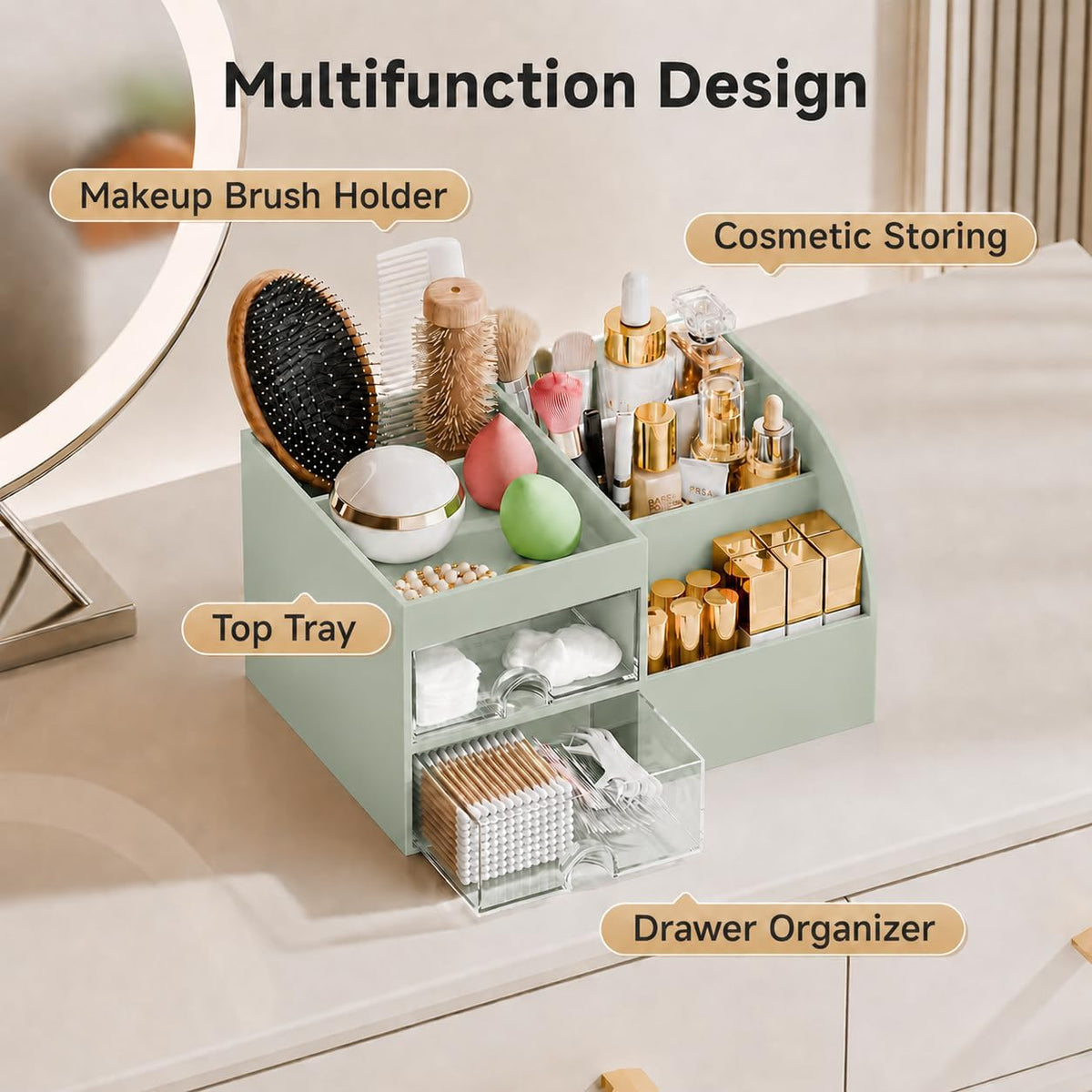 Makeup Organizer with 2 Drawers, Makeup Organizers Countertop for Vanity and Bathroom, Make up organization and Skincare Storage with Brush Holder, for Dresser, Desktop, Cosmetic Display Case(Green)