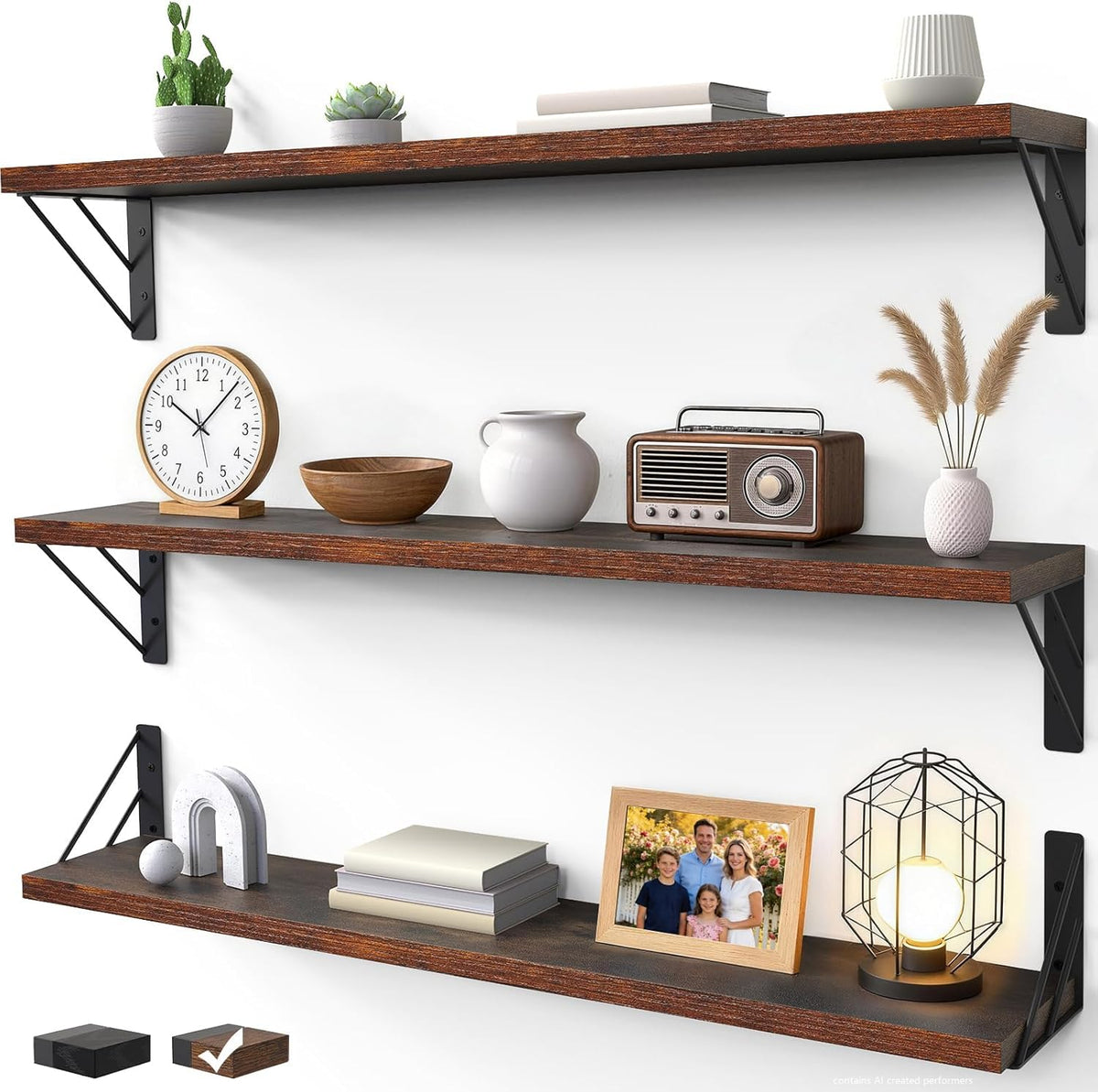 BAYKA Wall Mounted Floating Shelves, Wood Floating Wall Shelf for Books & Decor, Small Space-Saving Display & Organizer（Black，Set of 4）