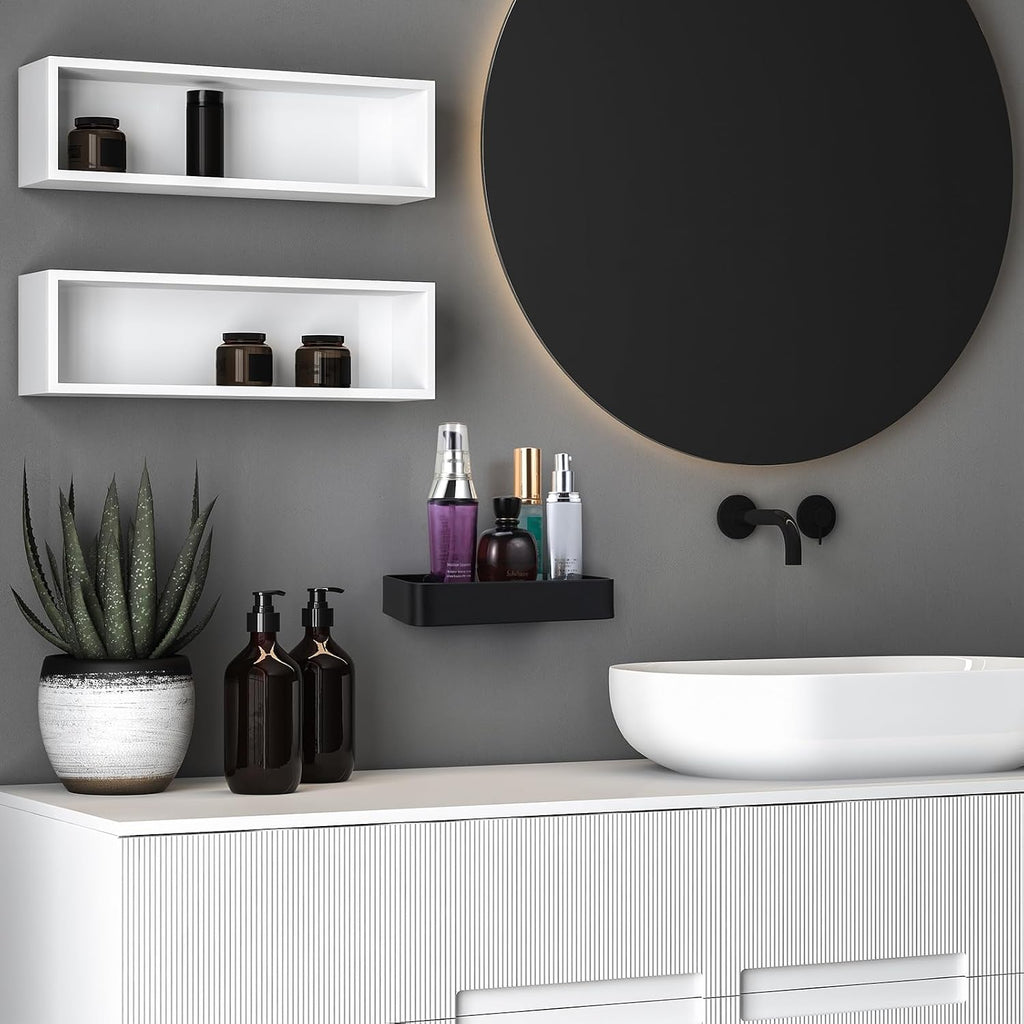 Z metnal Small Glass Bathroom Shelves, Matte Black Floating Shelf, Mini Wall Shelf Organizer, Wall Mounted (Dark Glass, 8 inch/20cm)