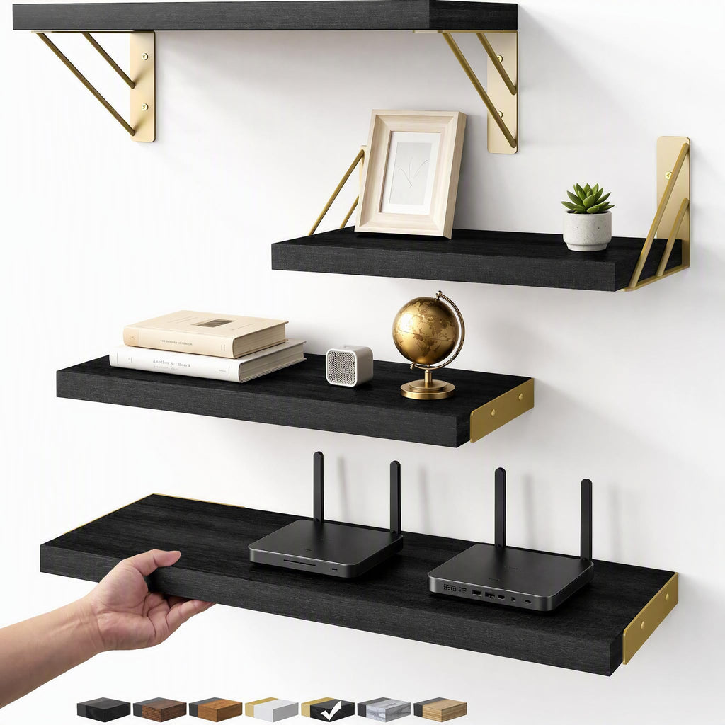Bayka Wall Shelves for Bedroom Decor, Floating Wall Shelves for Living Room Kitchen Storage, Wall Mounted Rustic Wood Shelves for Kids Books, Small Shelf for Bathroom(Rustic Brown，Set of 3)