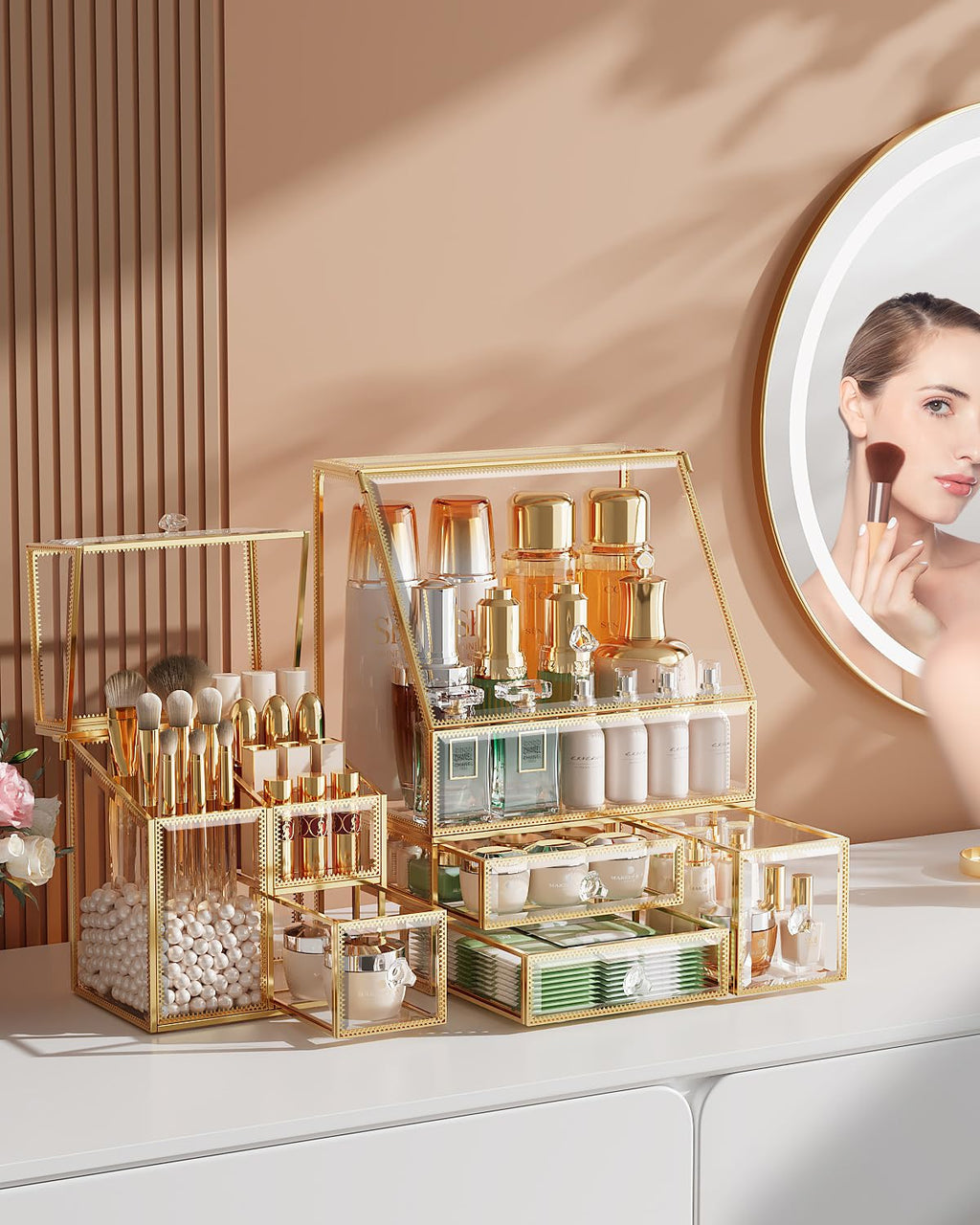 CoralHouse Glass Makeup Organizer with Brush Holder for Vanity