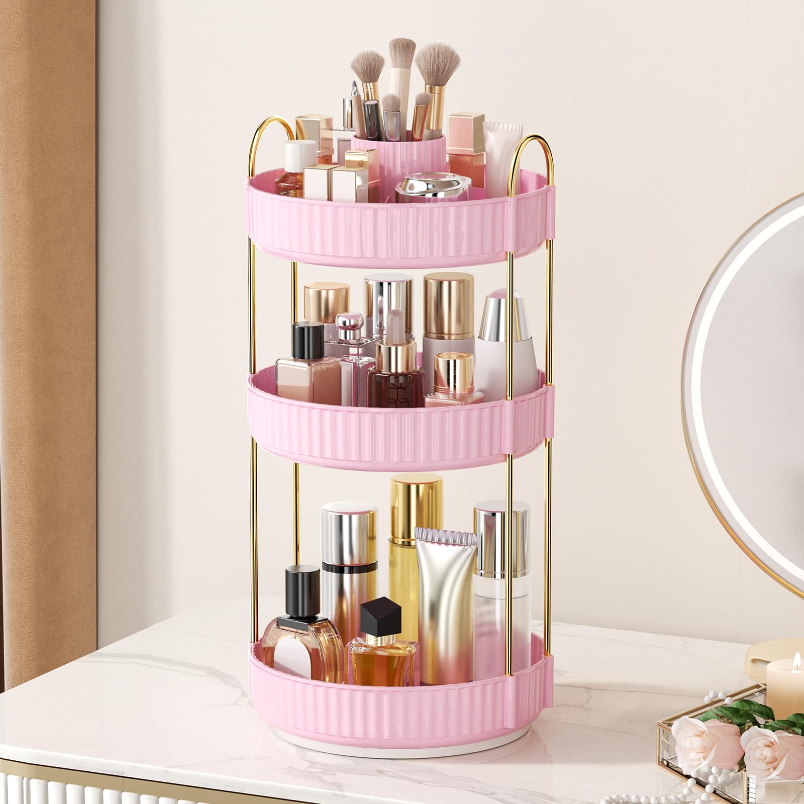 360° Rotating Makeup Organizer, Upgraded 3 Tier Skincare Perfume Organizers for Women, Bathroom Organizer Countertop, Clear Cosmetic Dresser Organizer with Makeup Brush Holder, Sink&Counter(Amber)