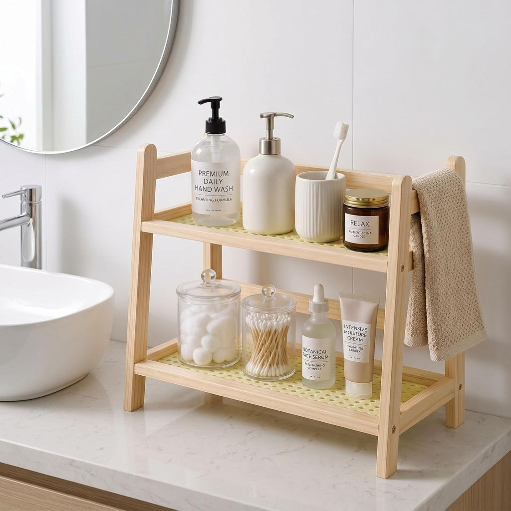 Rattan-Look Bathroom Counter Organizer, Countertop Shelf for Bathroom Decor