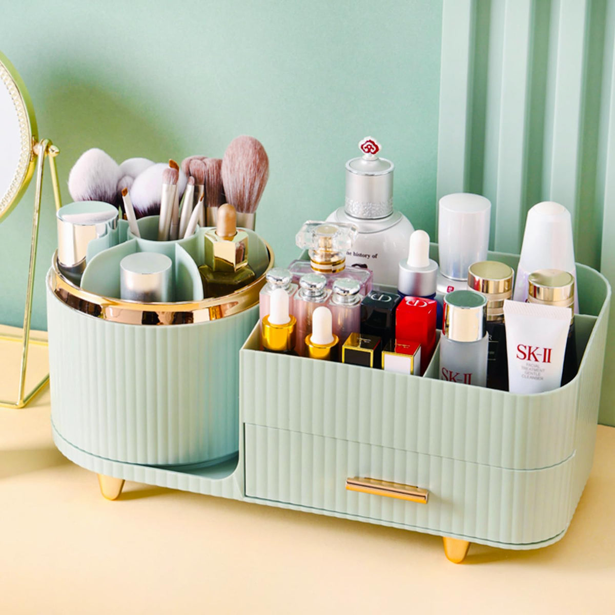 Rotating Makeup Organizer for Vanity with Brush Holder and Drawer, Cosmetic Makeup Storage, Large Spinning Makeup Skincare Organizer, Countertop Makeup Perfume Organizer, Lotions Display Case (Green)