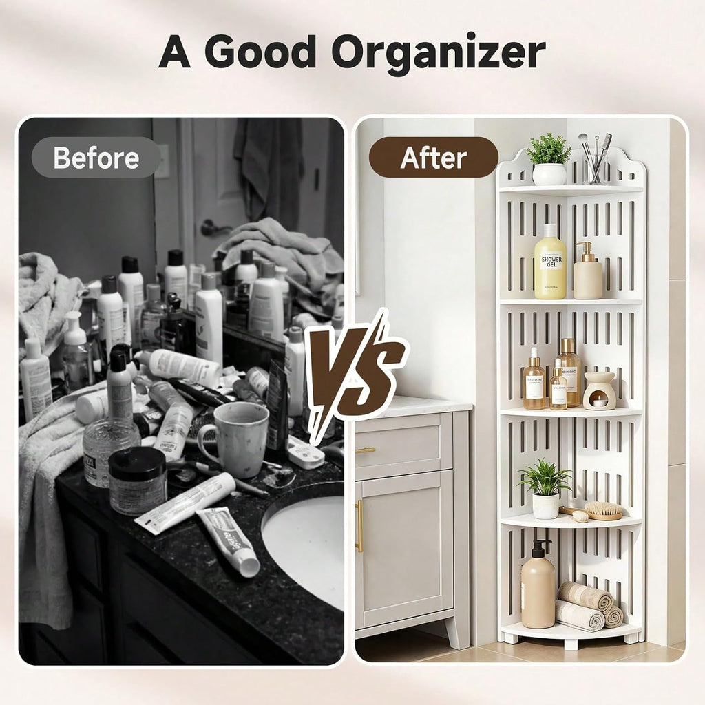 5 Tier Corner Storage Shelf, 43.3 Inch Waterproof PVC Freestanding Organizer with Slotted Panels, Scandinavian Style Triangle Display Rack for Bathroom, Kitchen and Living Room