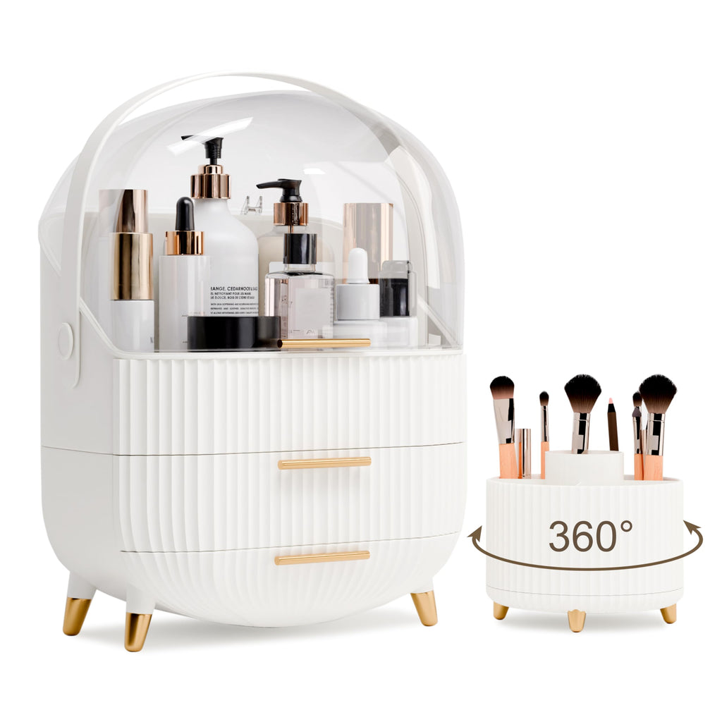 lurcns Makeup Organizers and Storage, Make up Organizer for Vanity Cosmetics Skincare Organizers With Lid and Drawers Display Cases for Countertop（White）