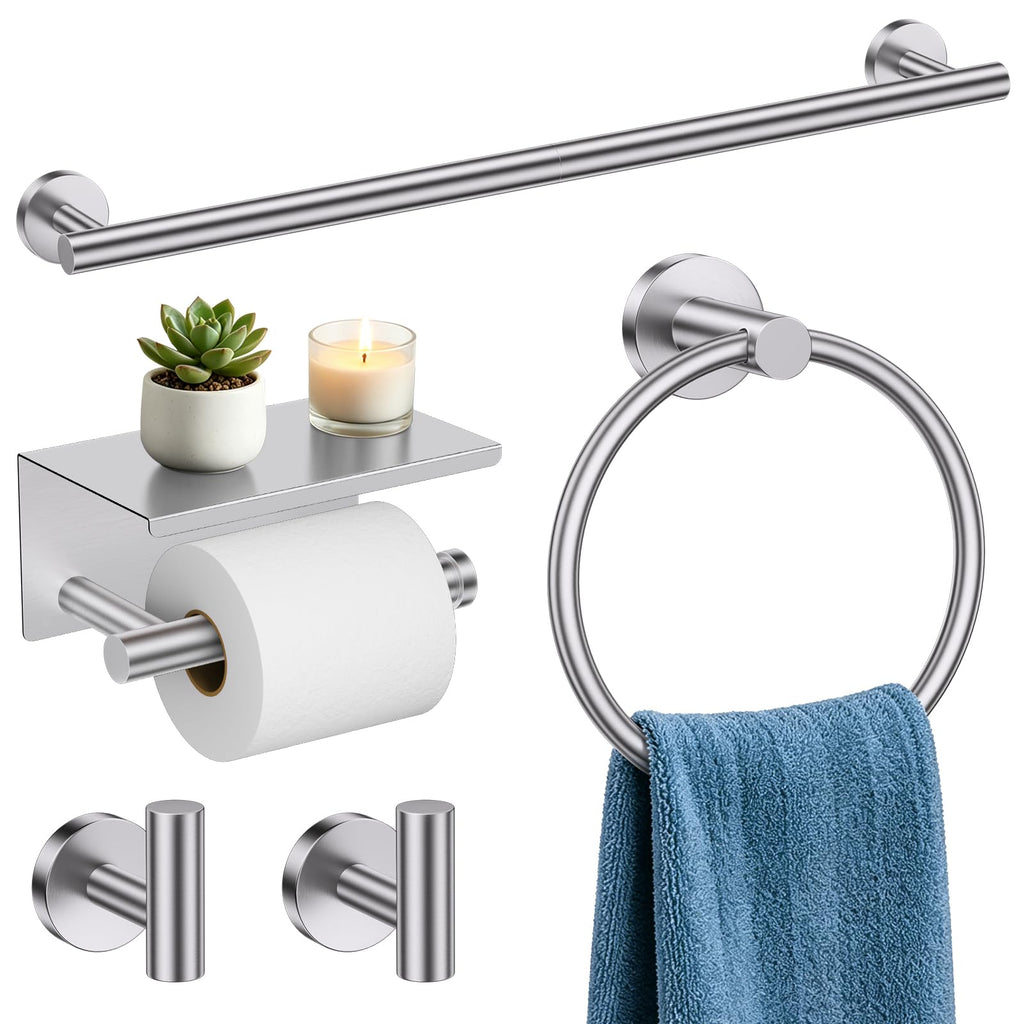 TURS Brushed Gold 5 Piece Bathroom Hardware Set, SUS304 Stainless Steel 24 Inch Bath Towel Bar Set, Round Bathroom Accessories Kit Wall Mounted