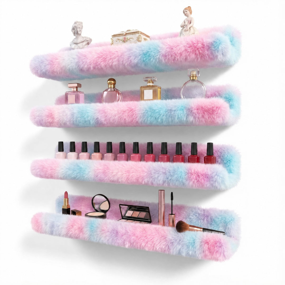 Care&More YJ 15 Inch Nail Polish Shelves, 4-Pack Fuzzy Display Nail Polish Rack for Storing Nail Bottles, Sunglasses, Essential Oils, Plush Soft Pink