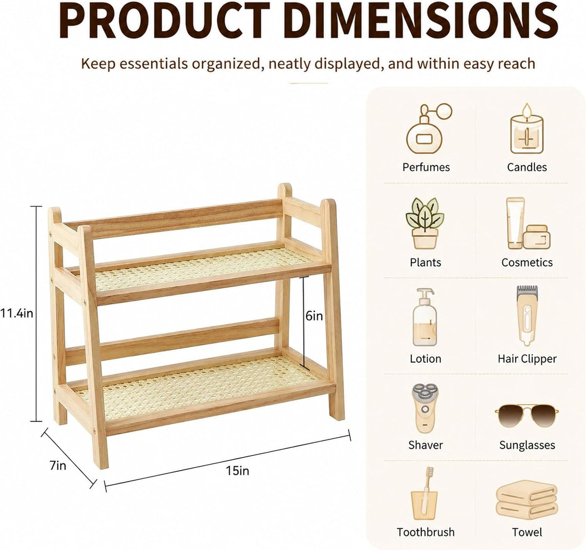 Rattan-Look Bathroom Counter Organizer, Countertop Shelf for Bathroom Decor