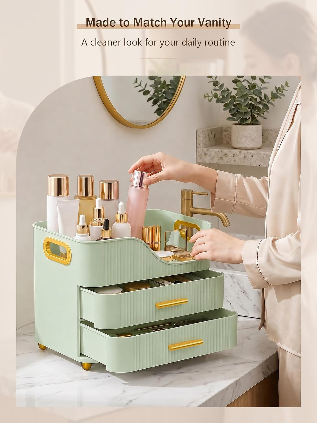 Booklov Large Makeup Organizer for Vanity, Bathroom Countertop, Green