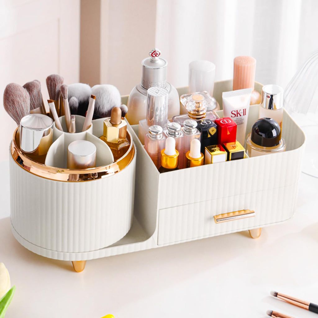 Rotating Makeup Organizer for Vanity with Brush Holder and Drawer, Cosmetic Makeup Storage, Large Spinning Makeup Skincare Organizer, Countertop Makeup Perfume Organizer, Lotions Display Case (Green)