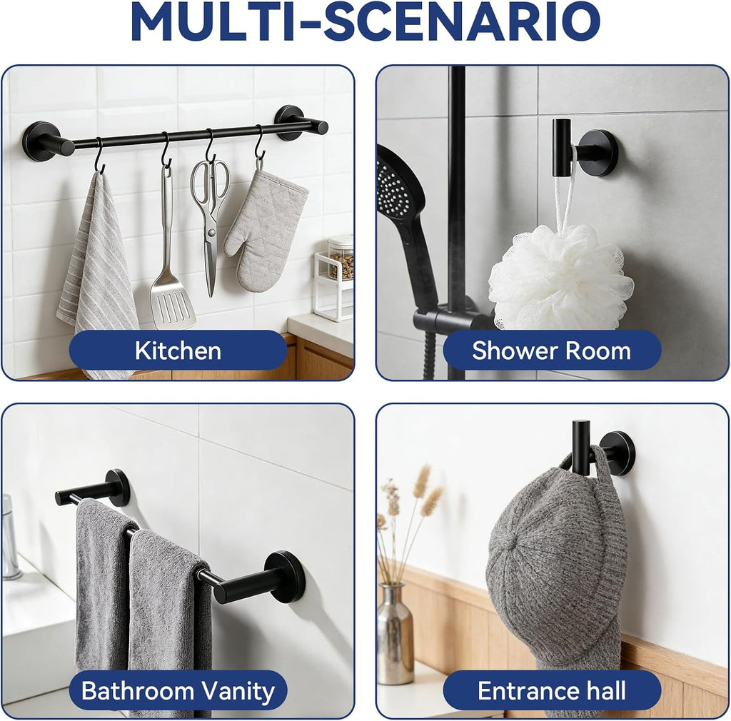 5Pcs Bathroom Hardware Set, Matte Black Bathroom Accessories Set with 24" Towel Bar, Upgraded Toilet Paper Holder with Shelf, Towel Ring & 2 Robe Hooks, Wall Mounted Stainless Steel Bath Hardware Set