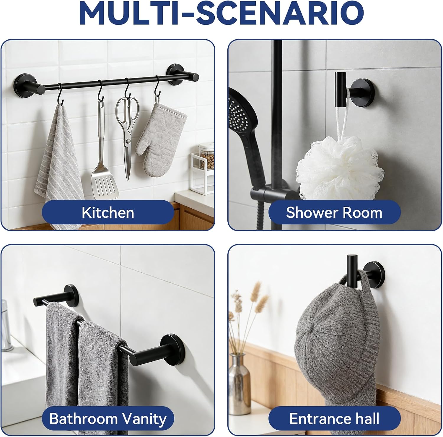 5Pcs Bathroom Hardware Set, Matte Black Bathroom Accessories Set with 24" Towel Bar, Upgraded Toilet Paper Holder with Shelf, Towel Ring & 2 Robe Hooks, Wall Mounted Stainless Steel Bath Hardware Set